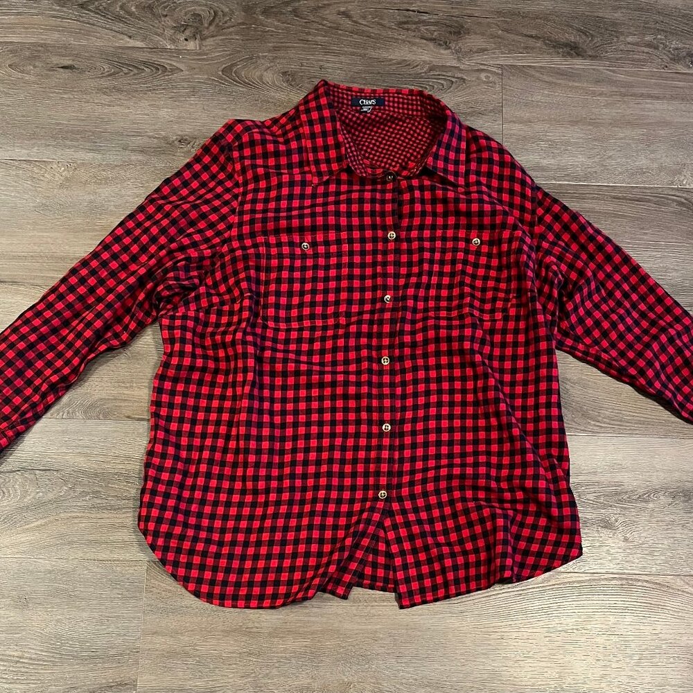 Chaps Women Flannel Plaid Long Sleeve Pockets Button-Up Shirt Red Size 2XL